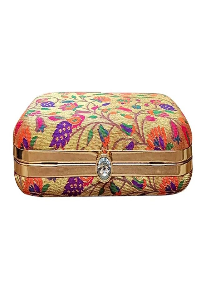 Firstdemand Paithani hand Clutch Purse with Chain Sling - Ethnic & Traditional Woven from Semi Paithani Silk - Box shaped Magnetic snap Box Purse (Golden Paithani Clutch) - Image 4